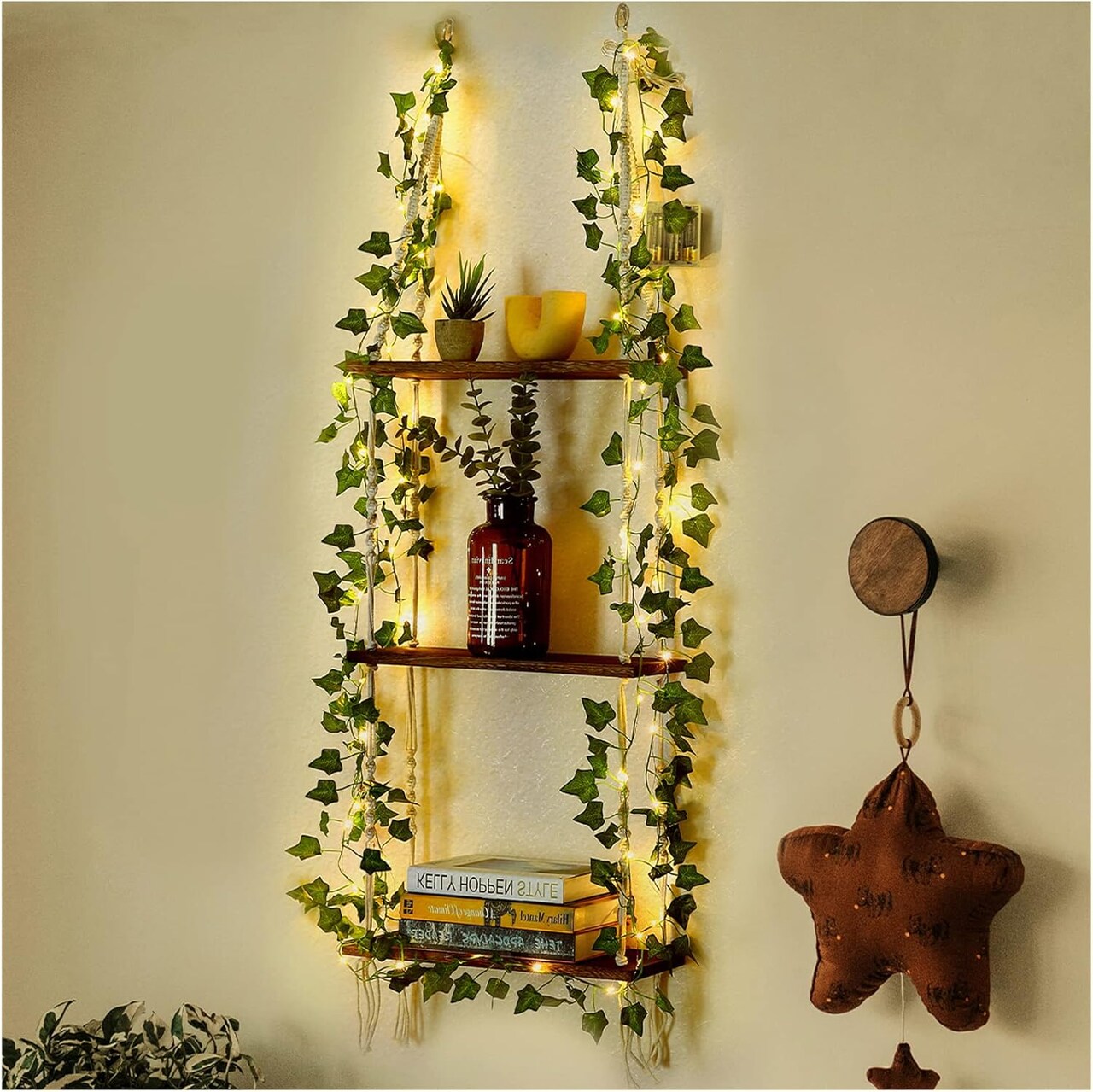Hanging Shelf with Vine Lights – Macramé Plant Wall Shelf with Handmade Woven Ropes, 3-Tier Floating Shelf, Boho Aesthetic Wall Storage for Succulents, Bedroom, Living Room, or Bathroom Decor